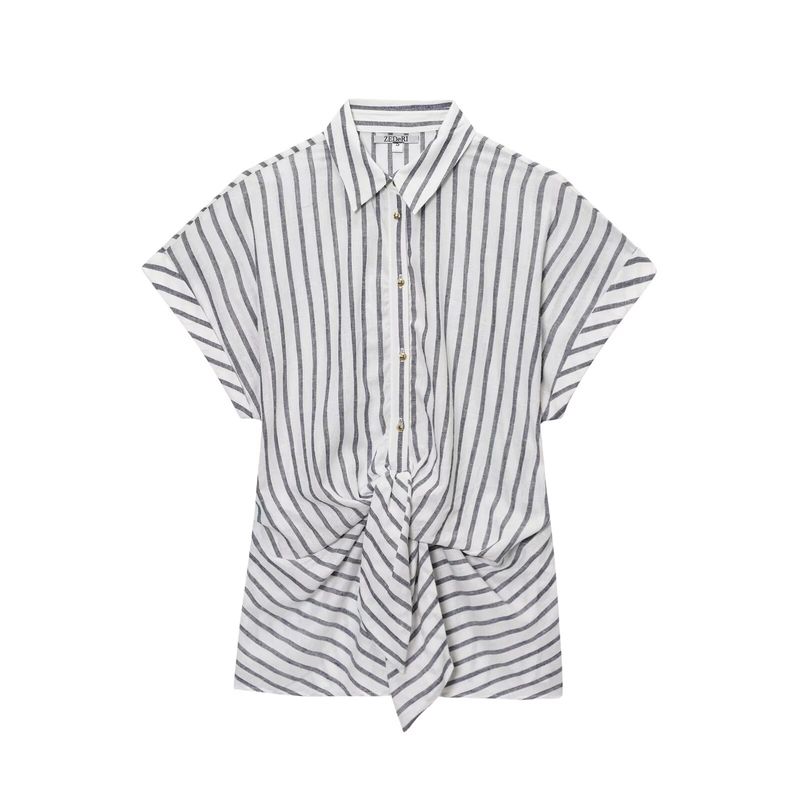 

Kaslead New Women clothes Western Style Versitile Fashion Blended Knot Decoration Stripe Short sleeve Shirts 8138863 Image color L
