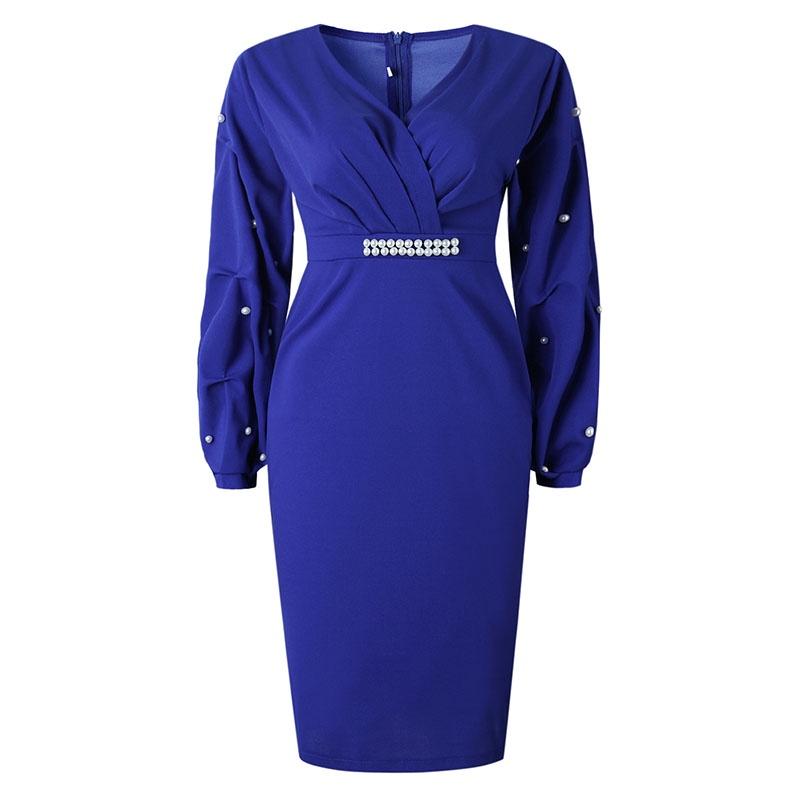 Elegant Women s Fashion Autumn And Winter Long Sleeved Pleated V-neck Bead Sexy Dress M синий