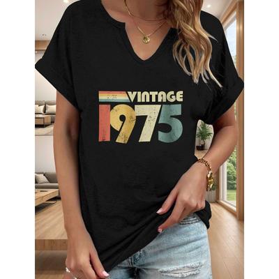Vintage 1975 Sense of Era Letter Print Women T Shirt Short Roll-up Sleeve V-Neck Summer Casual Top Tshirts for Women