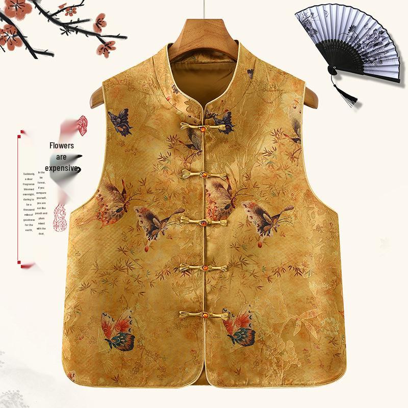

Chinese Retro Butterfly Print Round Neck Vest with Frog Buttons 2XL (Recommended 105-120 jin) жовтий