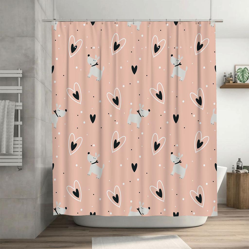 Cute Heart Pattern Dog Bath Shower Curtain Home Decor Waterfall Black White Animal Cartoon Pink Polyester Fabric Waterproof Hang