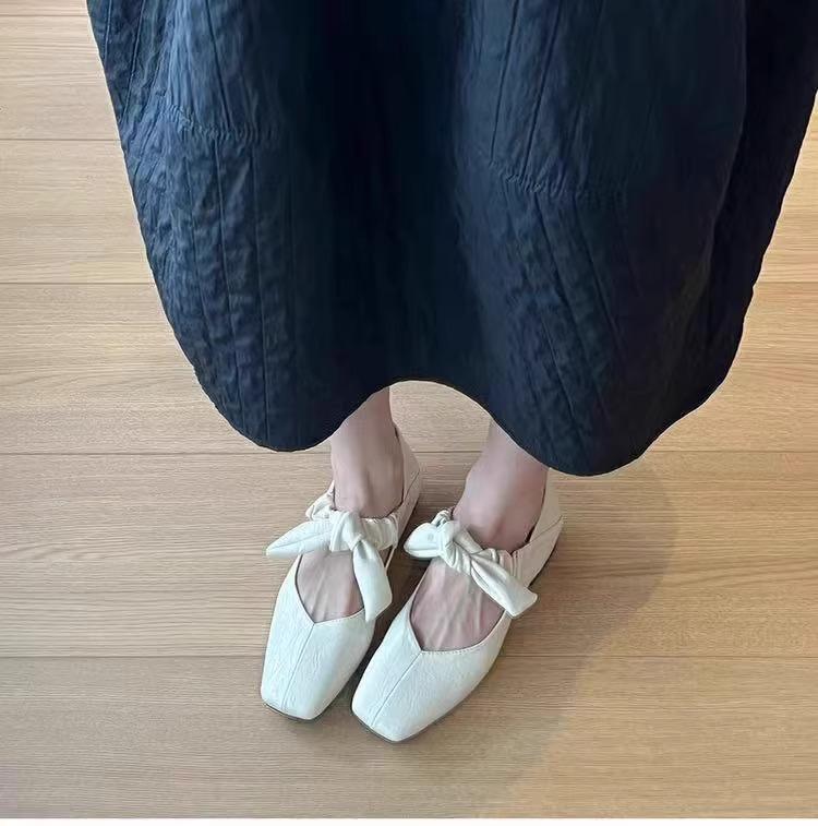 Cowhide version~ 2025 spring new silver bow Mary Jane shoes women's shoes square head light mouth flat sole shoes women