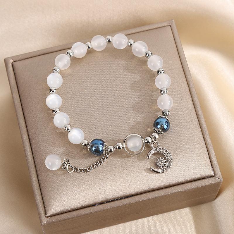 Beaded Bracelet Cat Eye Stone Butterfly Charm Pendent Light Luxury Handmade Stretch Bracelet For Girl Birthday Gift
