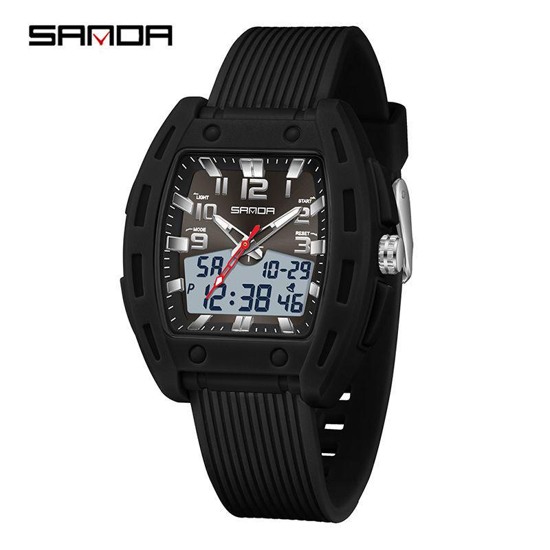 Sanda Barrel-Shaped Men's Dual Display Watch - Fashionable, Vibrant, Luminous, Waterproof, with Alarm Clock.
