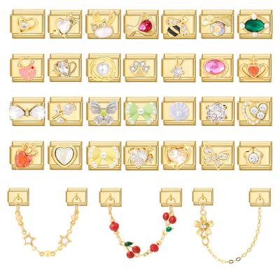Hot Zircon Rose Flowers Heart Pearl Bowknot Cherry Pendant Italian Charm Links Fit 9mm Stainless Steel Bracelet Women DIY Making