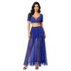 S-XXL Women Oriental Dance Costume Gold Trim V Neck Crop Top Short Sleeve and High Waist Flowy Chiffon Skirt with Side Slit Ruffles