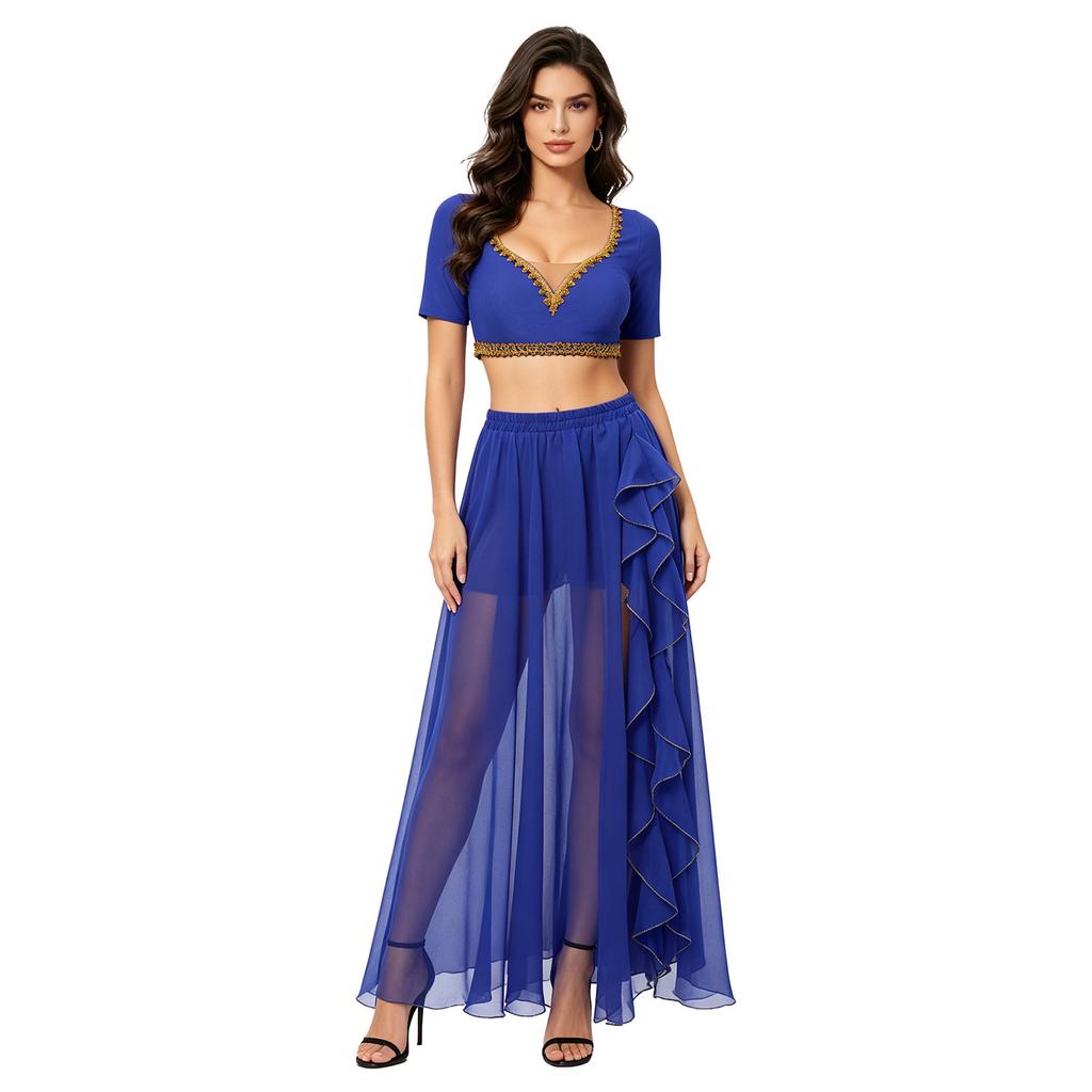 S-XXL Women Oriental Dance Costume Gold Trim V Neck Crop Top Short Sleeve and High Waist Flowy Chiffon Skirt with Side Slit Ruffles