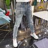 Men's European Stretch Skinny Jeans with Diamond Print - Casual Slim-Fit Trousers for Spring and Summer.