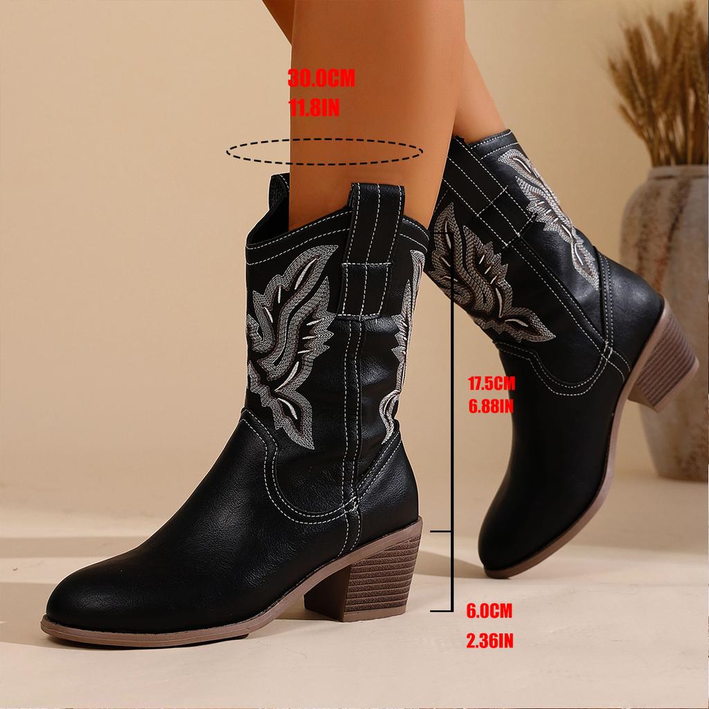 Large size European and American embroidered cowboy boots autumn and winter new round head V mouth thick heel foot set Martin boots women