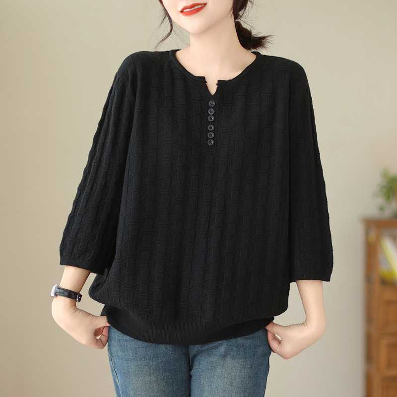 Autumn Winter Solid Color Loose Casual Knitting Top Women 3/4 Sleeve All-match Bottomed Pullovers Sweater