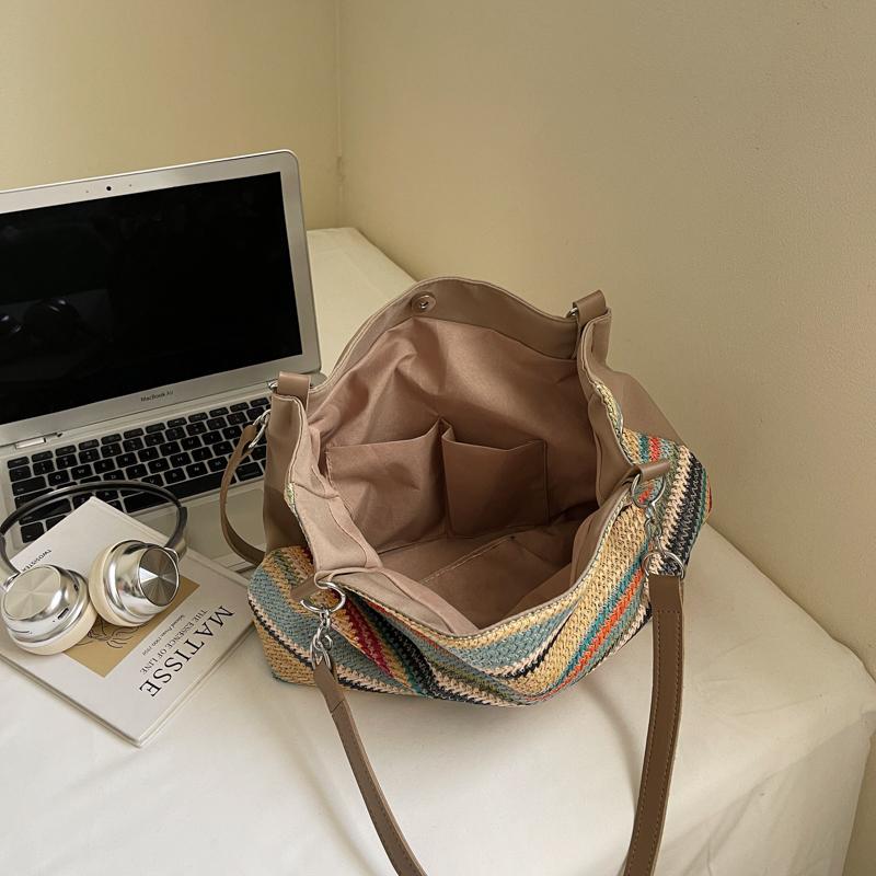 Seaside Holiday Beach Bag Women's Large Capacity Striped Straw Tote Bag