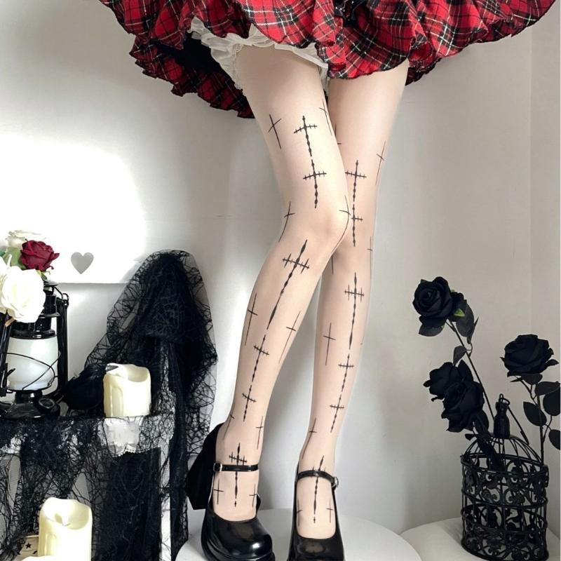 Gothic Style Mesh Tights With Edgy Crosses Motif Breathable Nylon For Women