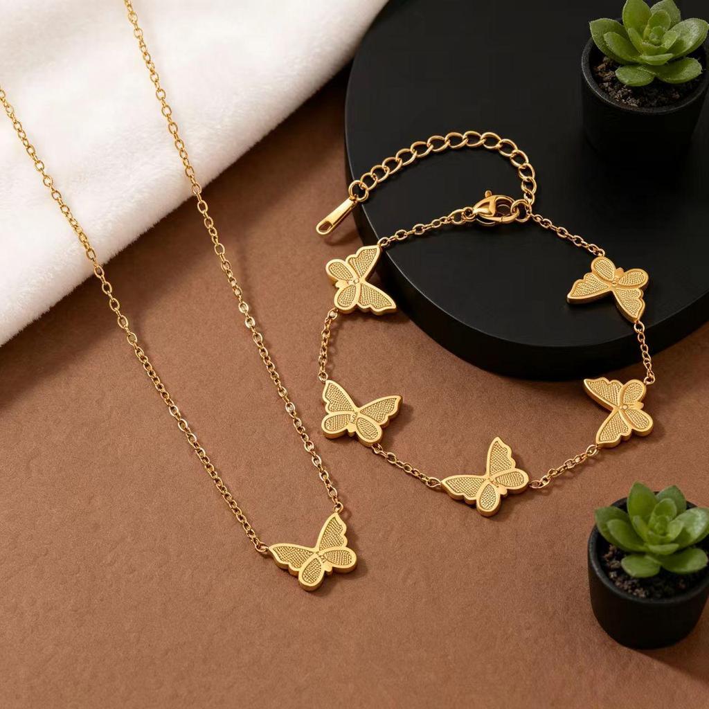 Luxury Titanium Steel Butterfly Necklace & Bracelet Set for Women