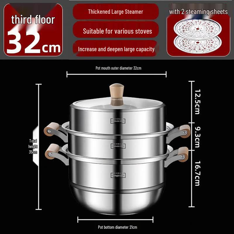 32cm Stainless Steel Food Grade 3-Layer Steamer with Wooden Handle