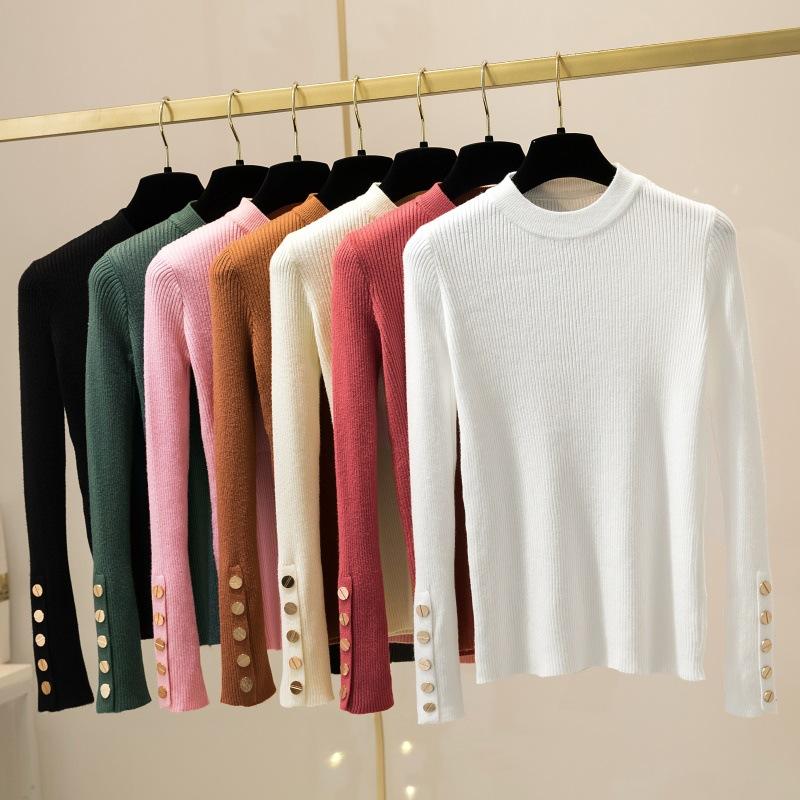 Women Thick Sweater Pullovers Khaki Casual Autumn Winter Button O Neck Chic Sweater Female Slim Knit Soft Jumper