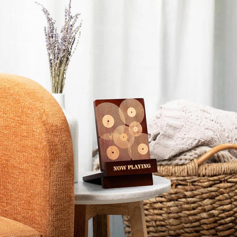 Wood Record Holder Now Playing Wood Record Stand Engraved Design Newspaper File Storage With Extended Base Stylish Album Storage