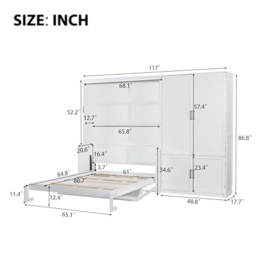 Łóżko Murphy Rozmiar Queen Size Łóżko Ścienne z Wbudowaną Szafą i Systemem Podnoszenia Hydraulicznego, Drewniana Platforma Łóżka Chowana w Szafce