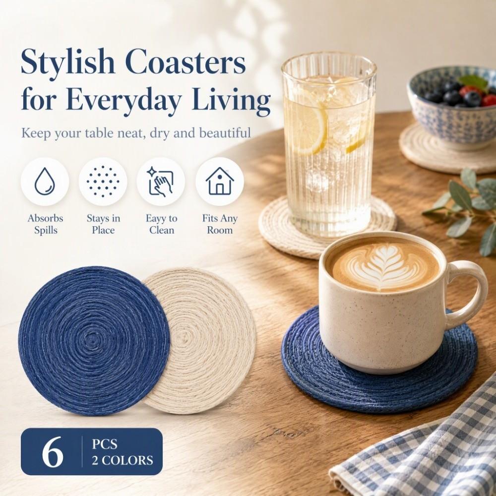 6Pcs White Woven Coasters Round Diatomite Coasters Tabletop Decor Round Coasters Kitchen