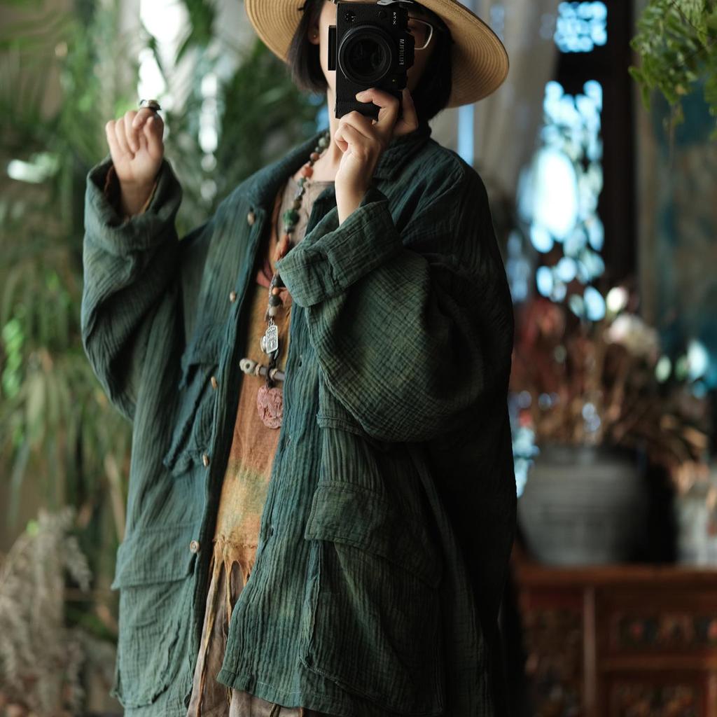 Ancient Mud Light Green Chinese Style Retro Lapel Cotton Linen Jacket