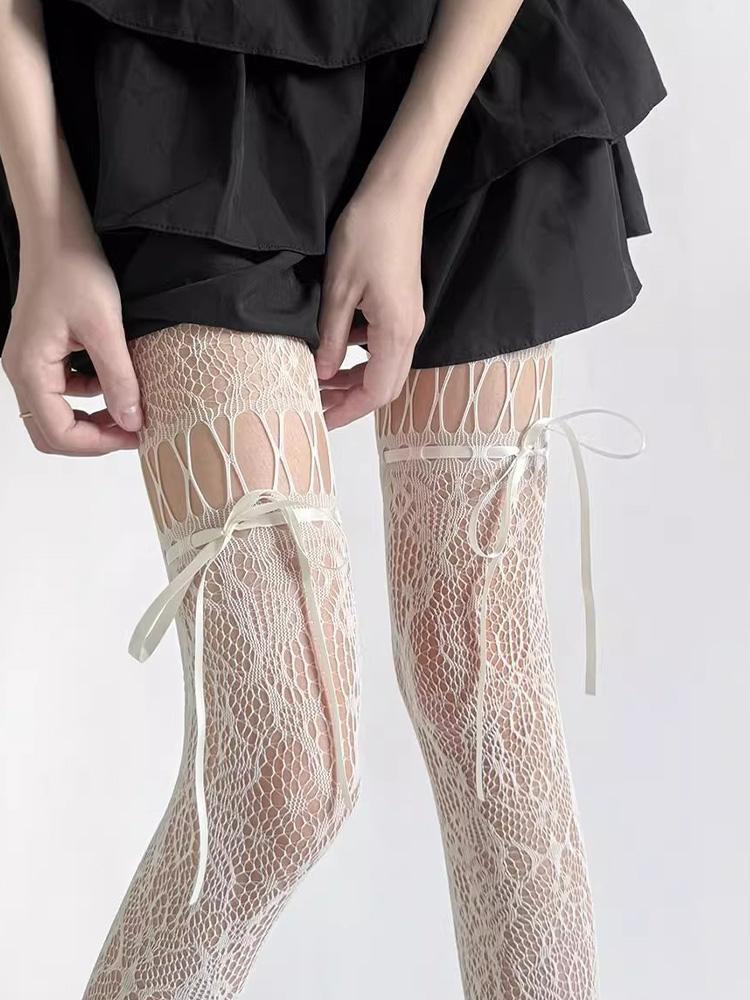 Women Sexy See Through Mesh Sheer Fishnet Stockings JK Uniform Bow Tie Strap Lace Bottoming Pantyhose New Design Beige Tights