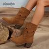 Fashion 2025 Women's Summer Boots Retro Cowboy Chic Block Stars Hollow Breathable Cowgirl Mid-calf Boots Music Festival Footwear Shoes