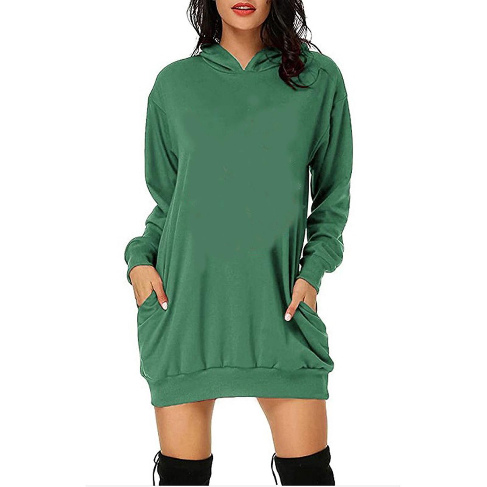 

Fashion Women Hooded Dress Long Sleeves Pockets Short Sweatshirt Dress XXL зелёный