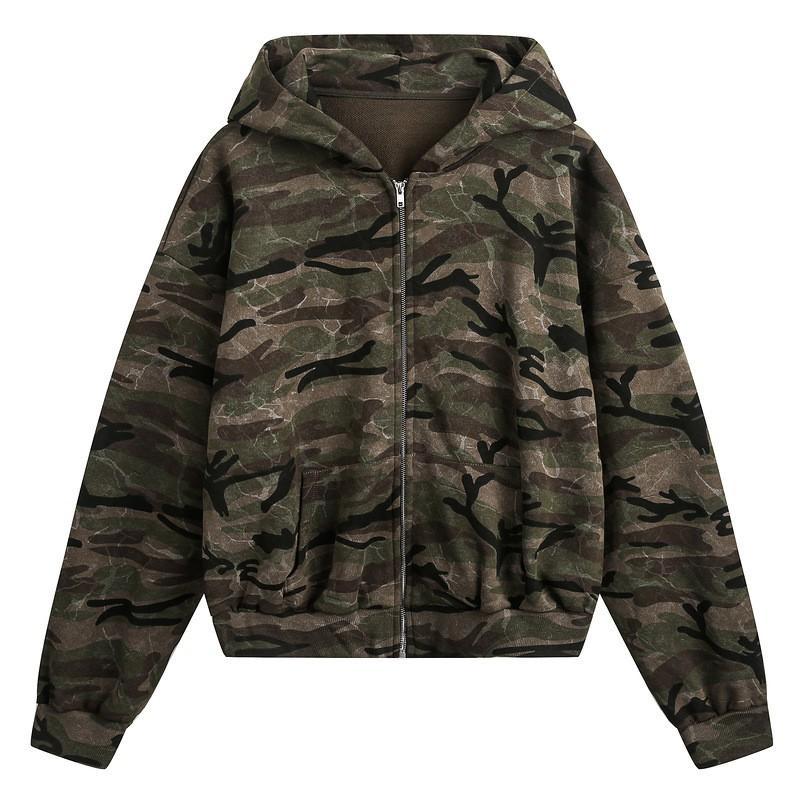 Unisex Camo Print Hooded Zip-Up Sweatshirt