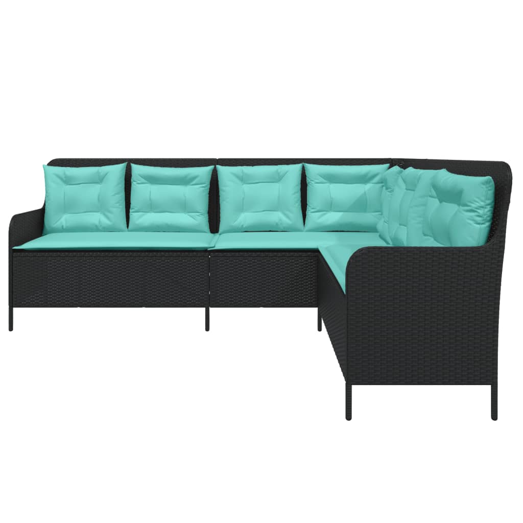 L Shaped Garden Sofa with Cushions Black Poly Rattan
