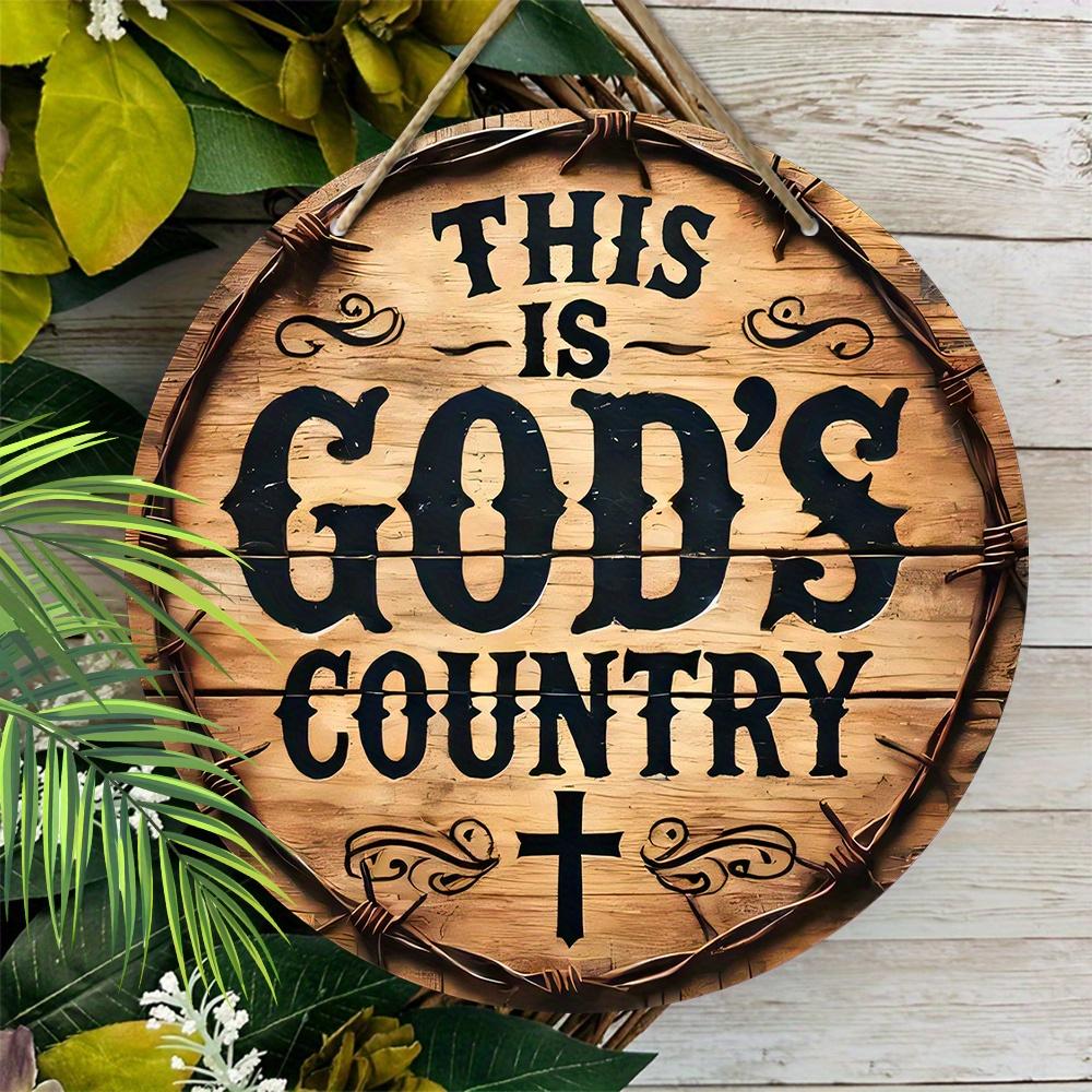 Vintage Chic Wooden Round Sign Pendant - Inspirational"This Is Gods Country" Quote, Perfect for Home & Farmhouse Decor, Ideal Gift for Living Room