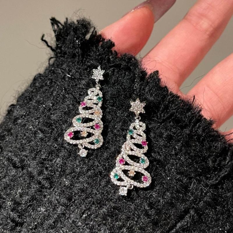 Korean Zircon Christmas Tree Earrings Rhinestone Crystal Star Drop Earring Gift