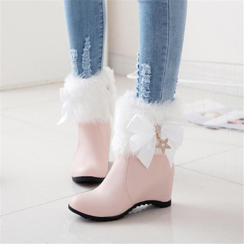 Fashion Women Boots Wedges Lolita Shoes Bowknot Diamond Women Cosplay Girls Princess Winter Ankle Boots Pink White Black 34-43
