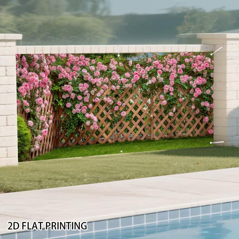 2D Ländliches Spalierzaun Volle Blüte Rosa Rose Hof Foto Hintergrund