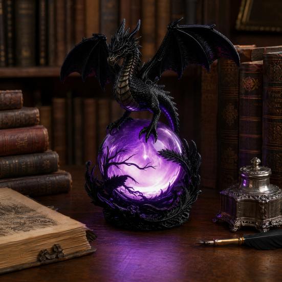 Dragon Faux Crystal Ball Lamp, Gothic USB Night Light, Dark Fantasy Resin Decor for Desk Bedroom, Halloween Gift for Gothic Lovers