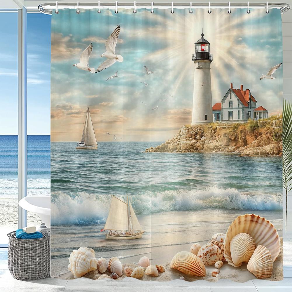 

Lighthouse-Themed Shower Curtain With Seagulls, Ships, Starfish, And Fish Designs For A Marine-Inspired Bathroom Decor Curtain W60H190(CM)-1 Pcs