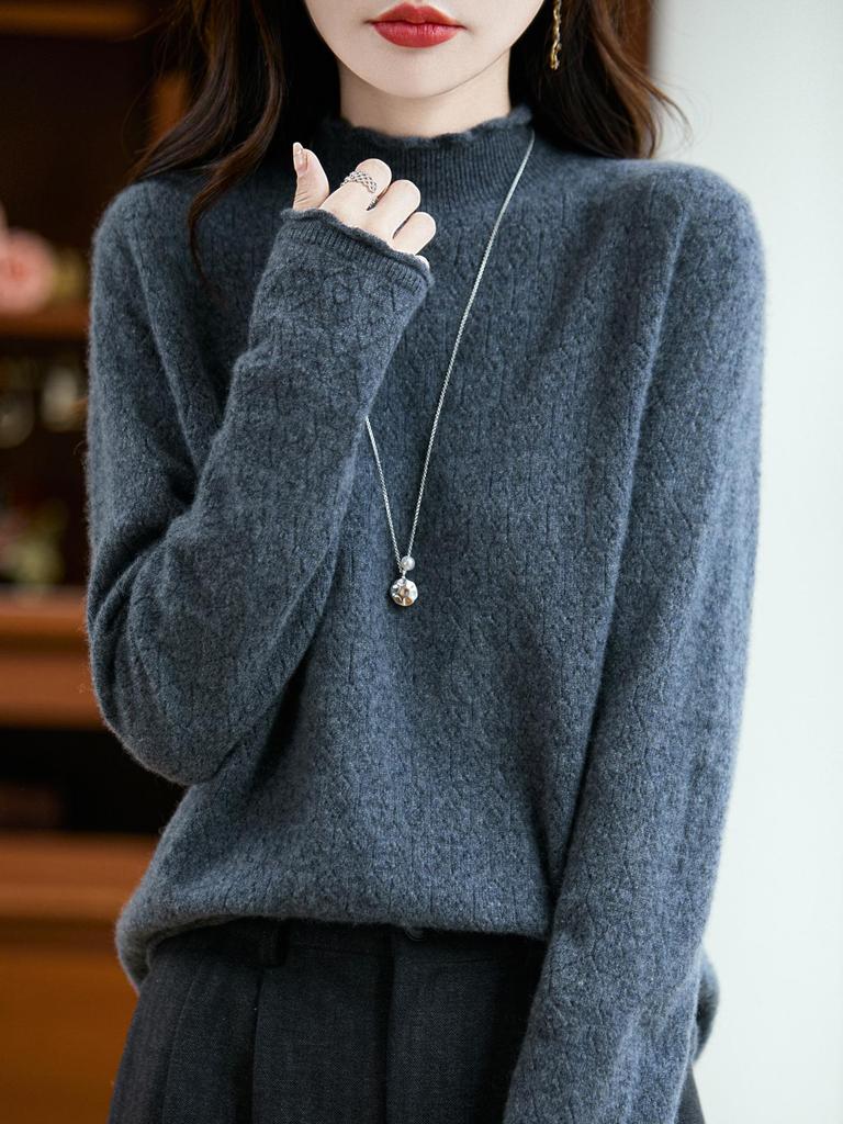 Women's Wool Knit Sweater with Ruffled Collar - Fern Tail Design, Slimming Loose Fit, Soft Half-High Collar