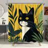 1Pc Shower Curtain Polyester Fabric Bathroom Decor Featuring Black-And-White Cat With Yellow Eyes And Tropical Green Leaves