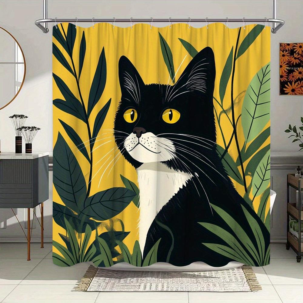 1Pc Shower Curtain Polyester Fabric Bathroom Decor Featuring Black-And-White Cat With Yellow Eyes And Tropical Green Leaves