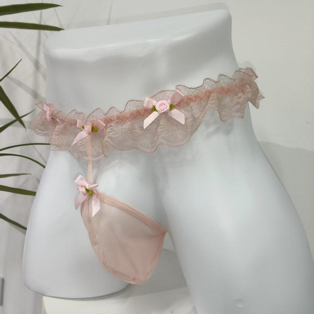 Men's Pink Lace Floral Thong - Flirtatious Transparent T-Back Underwear
