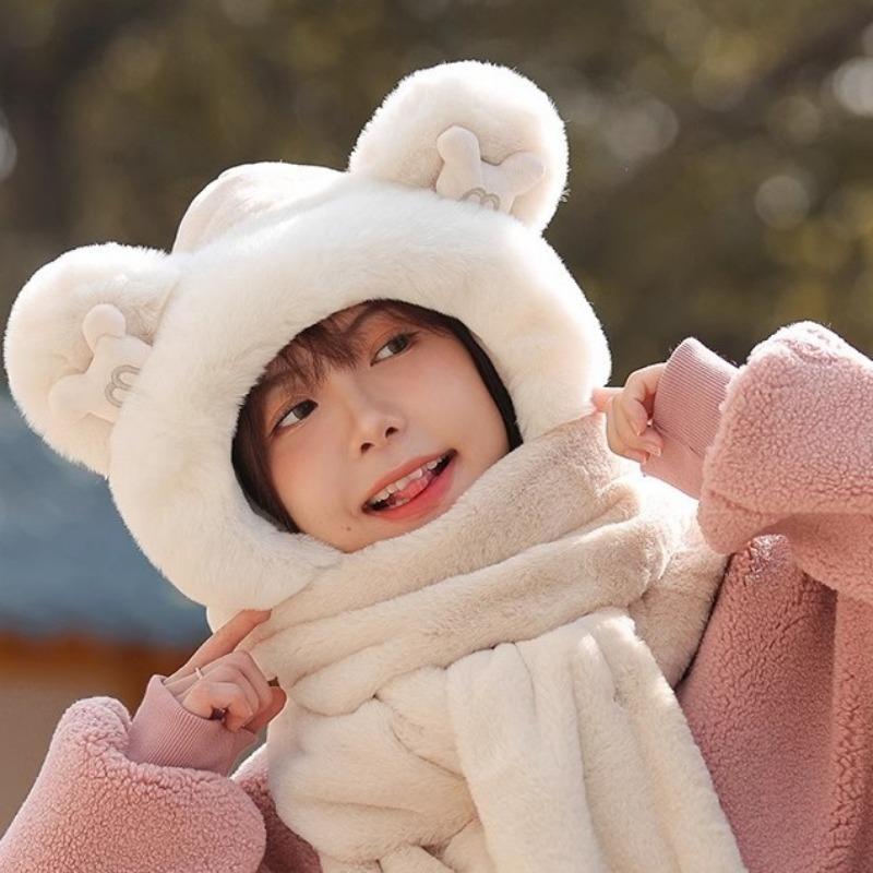 Bear hat women's winter scarf three-piece winter plush hooded integrated thermal gloves ear protection scarf