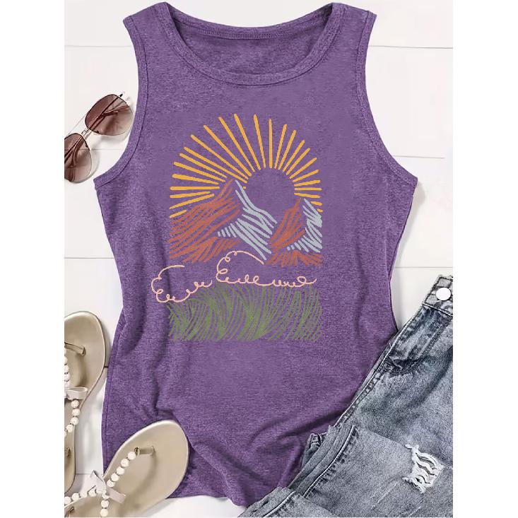 2026 New Abstract Line Mountain Sunrise Print Round Neck Women Sleeveless Tank Top Casual Versatile Comfort Summer Vest