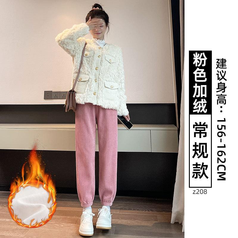 Coffee Corduroy Pants Women's Autumn and Winter New High Waist Fleece Sweatpants Casual Tie Feet Thickened Sweatpants