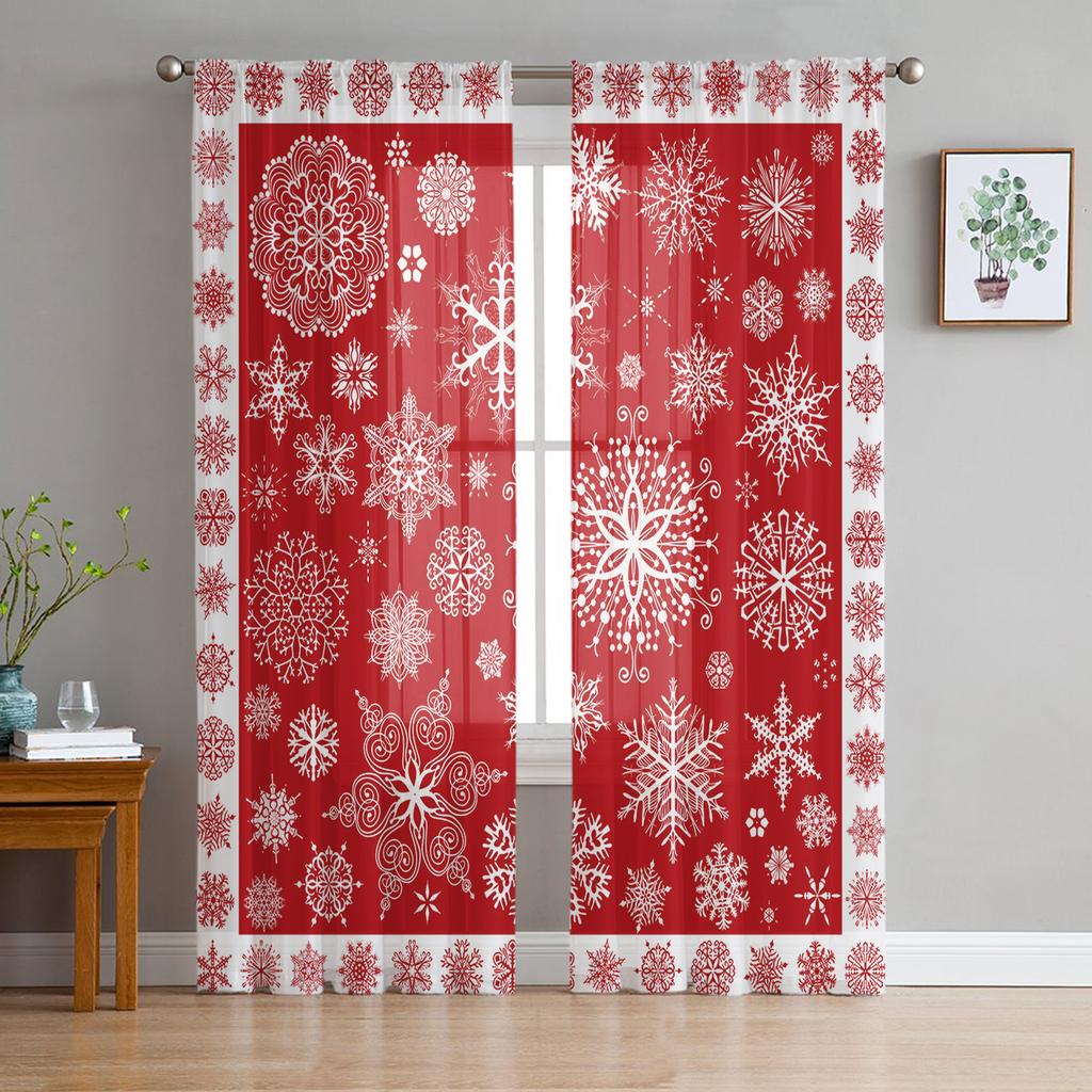 Christmas Red Snowflake Texture Living Room Transparent Tulle Window Curtain Bedroom Kitchen Decor Veil Drapes Curtains