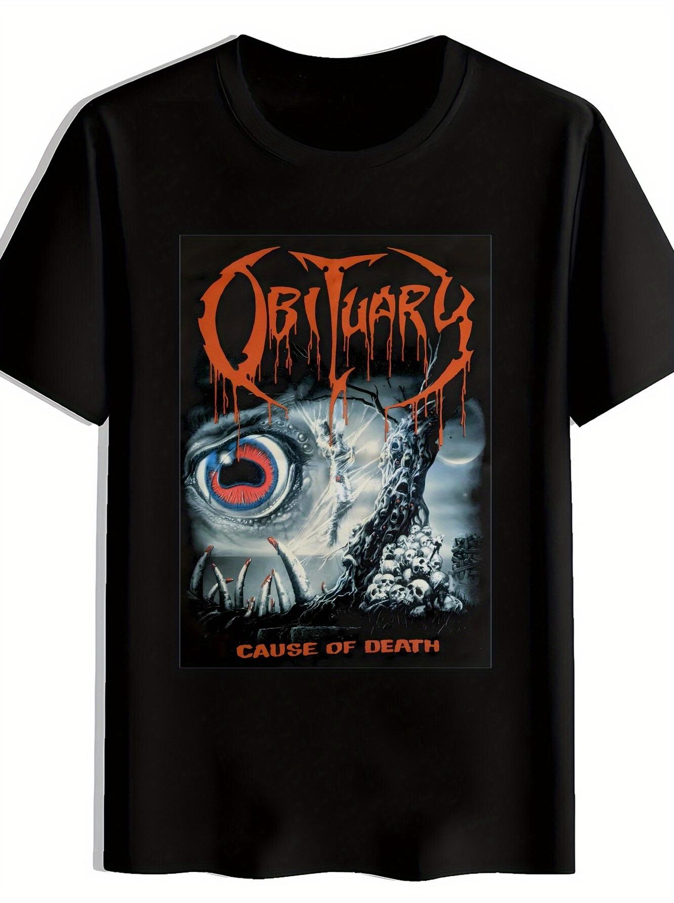 

Black Obscure Graphic T-shirt - Retro Rock Band Design with Eye & Skull Art S