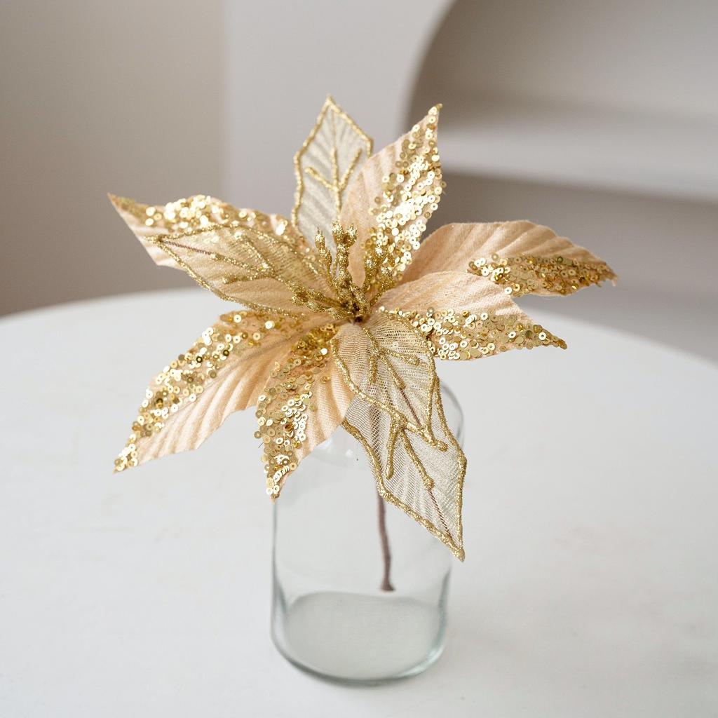 2pcs 22cm Gold Champagne Sequins Handmade Mesh Christmas Flowers Christmas Tree Decoration Living Room Decoration Christmas Tree Embellishment