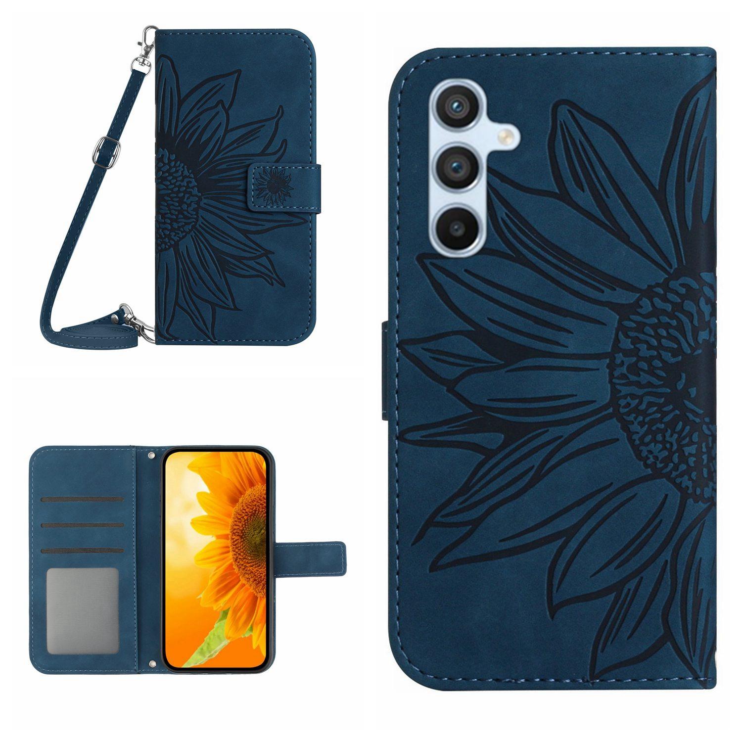 

HT04 For Samsung Galaxy A15 4G Case Sunflower Imprint Wallet Cover with Shoulder Strap Dark Blue