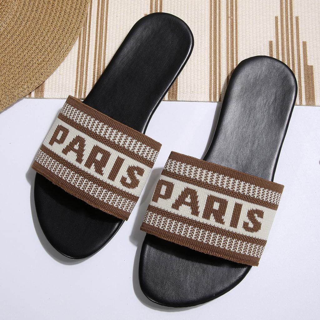 European and American sandals women summer wear new fashion embroidery letter embroidery home big leisure flat bottom one-word slippers foreign trade