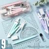 Morandi Color 9-Piece Student Drawing Set: Ruler, Compass, Pencil, Children's Stationery