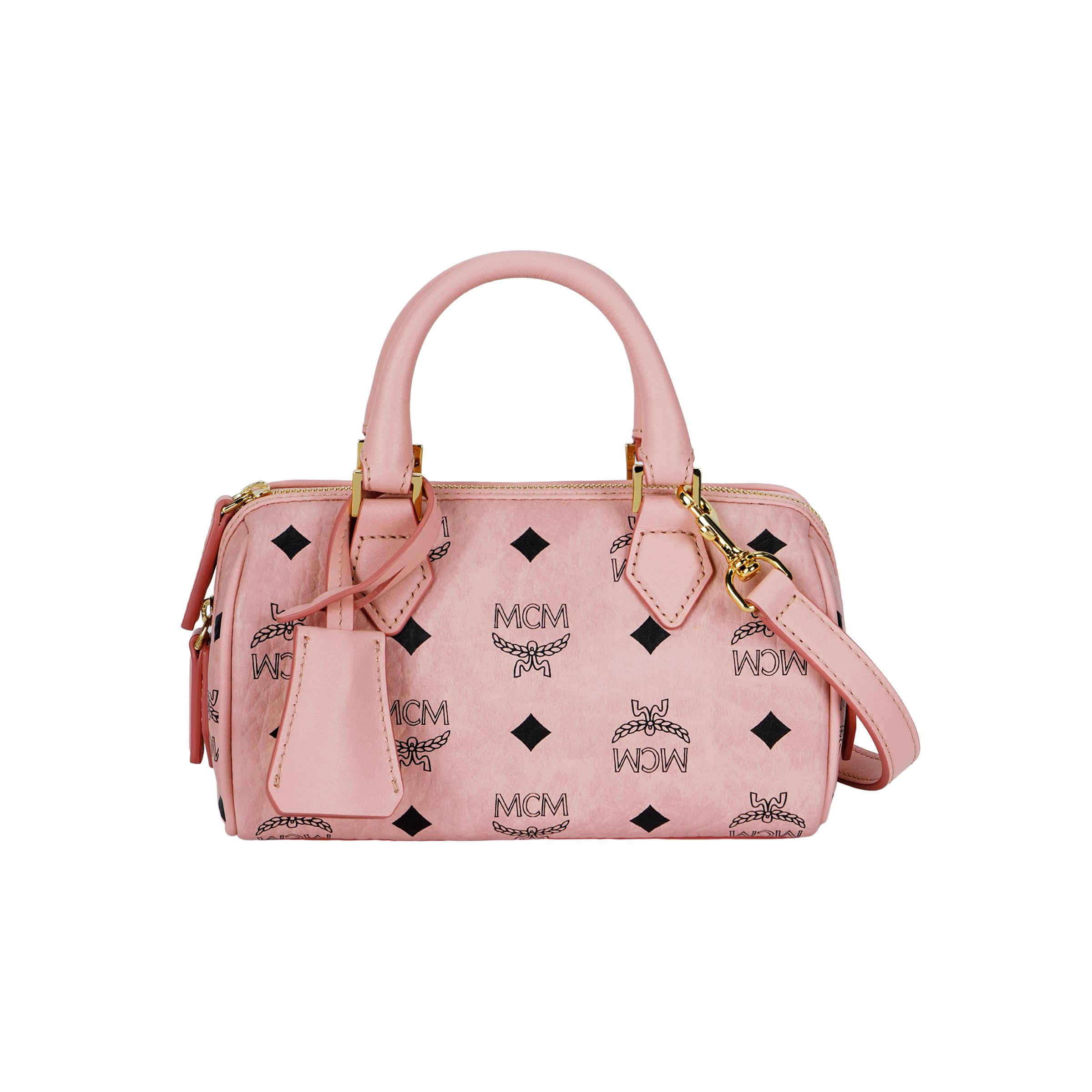 Mcm Women's Pink Ella Monogram Coated Canvas And Leather Boston Bag Mini Handbags Mwbesea01pz001
