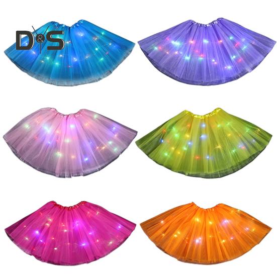LED Light-Up Women Mesh Skirt Elastic Waist Illuminated Skirt Stage Show Colorful Gauze Skirt Multi Layer Full Mesh Skirt
