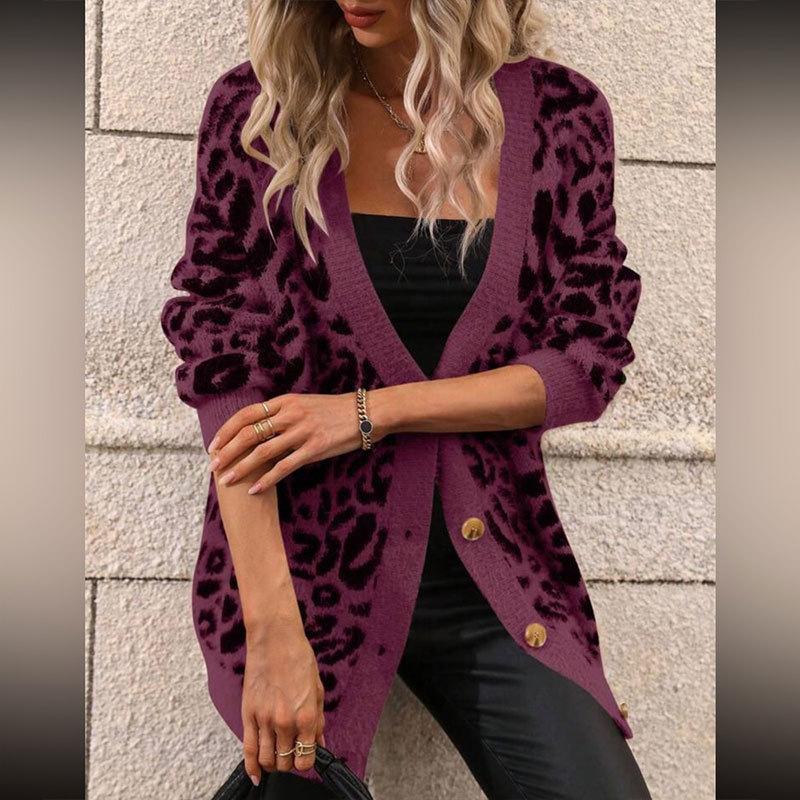 Europe, America, Autumn And Winter New Sweater Women'S Clothing, Large Size Loose Knitted V-Neck Leopard Print Long-Sleeved Cardigan Jacket Women